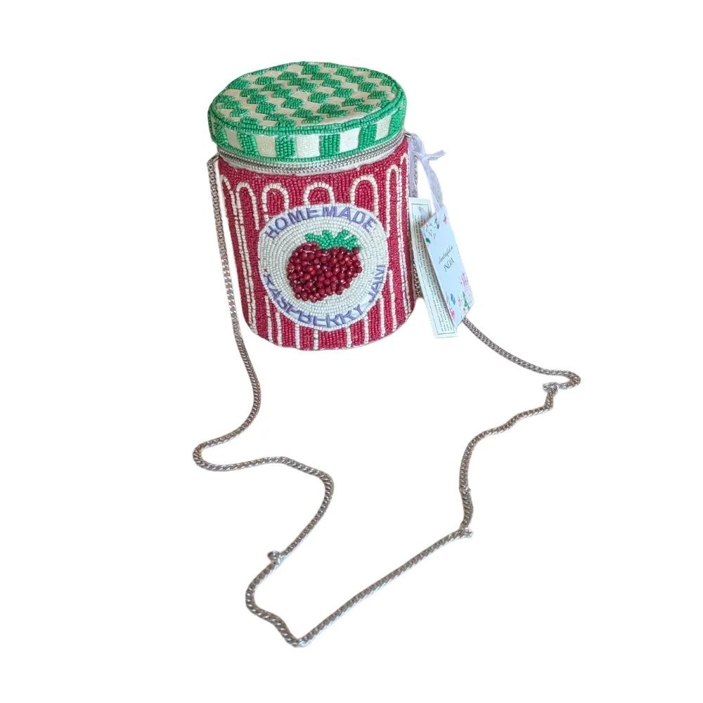 Handcrafted In India Viral Beaded Raspberry Jam Jar Crossbody Bag with Charm NWT